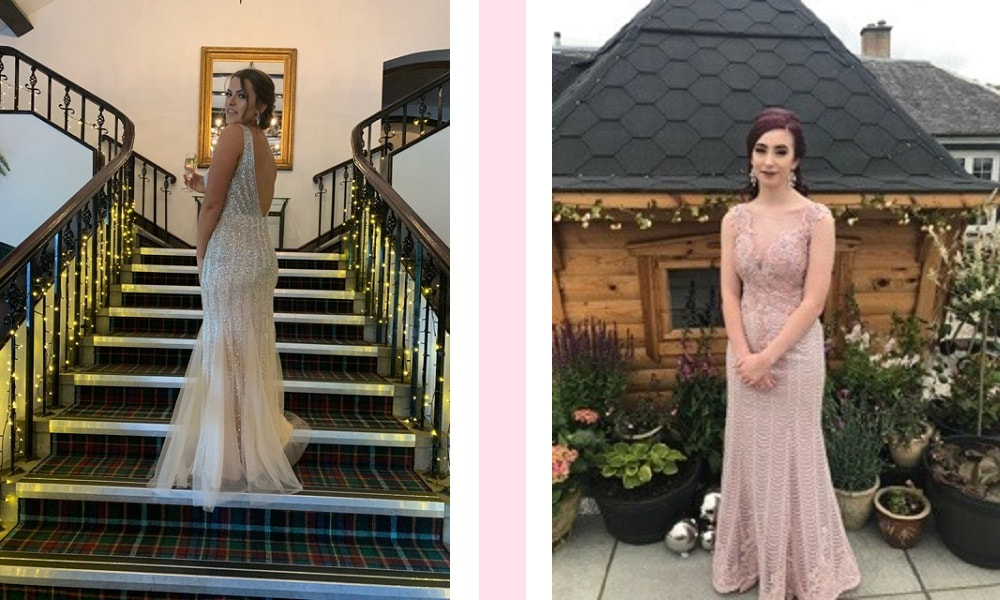 A client wears a champagne sparkling fishtail prom dress. A client wears a blush pink vintage style prom dress.