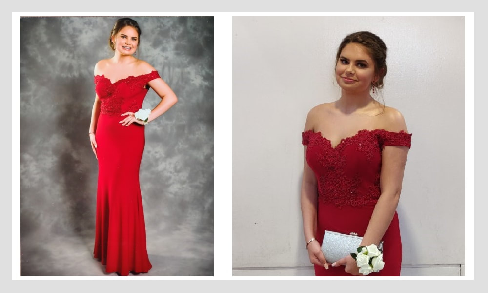 A red fitted prom dress with a bardot neckline.