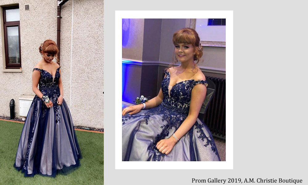 Prom dress trends. A customer wearing her navy ballgown prom dress.