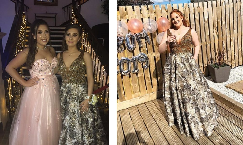 Two friends wearing prom dresses from A.M. Christie Boutique Prom dress shop in Galston. You can buy embellished sparkly ballgown dresses like these at A.M. Christie Boutique in our prom dress collection.